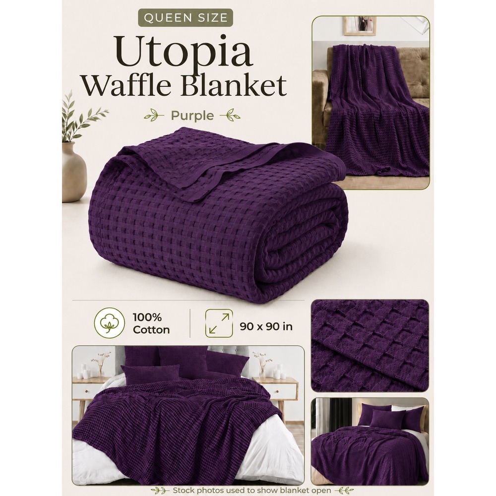 Utopia Waffle Blanket Queen Purple 100% Cotton All Season Bedding New
